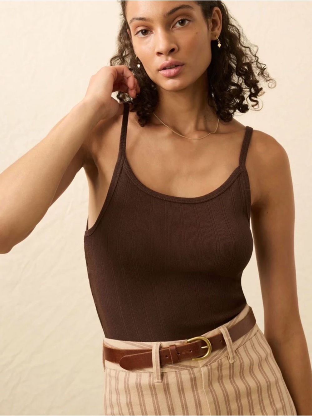 Faherty Ribbed Chocolate Brown Slim-Strap Tank Pf Sf
